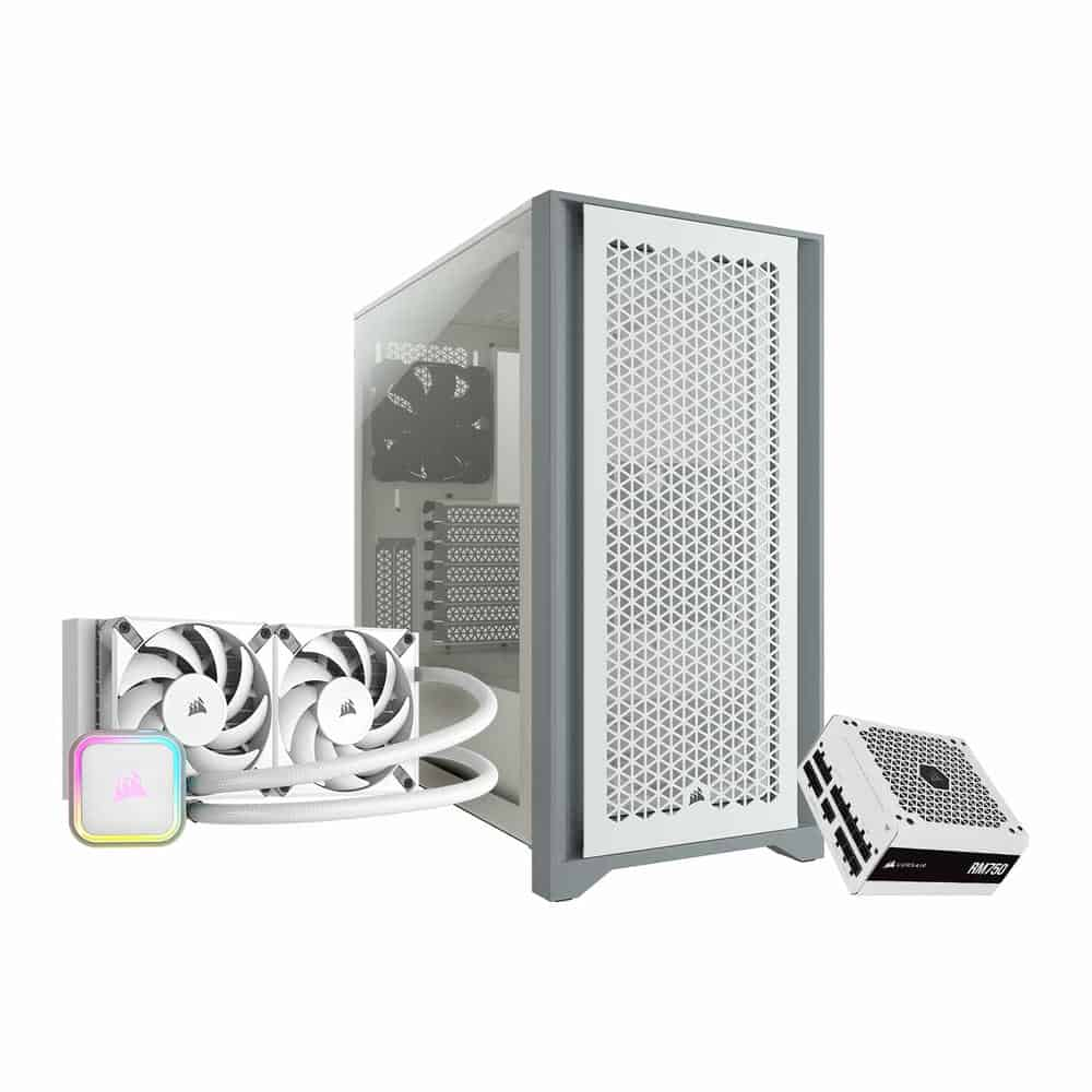 (image for) Corsair 4000D Airflow White Chassis + Corsair RM750 White PSU + H100i RGB Elite White AIO Bundle